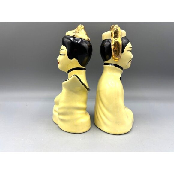 Vtg MCM Asian Ceramic Figurine Bust Pair Yellow Gold Accents - Picture 5 of 7